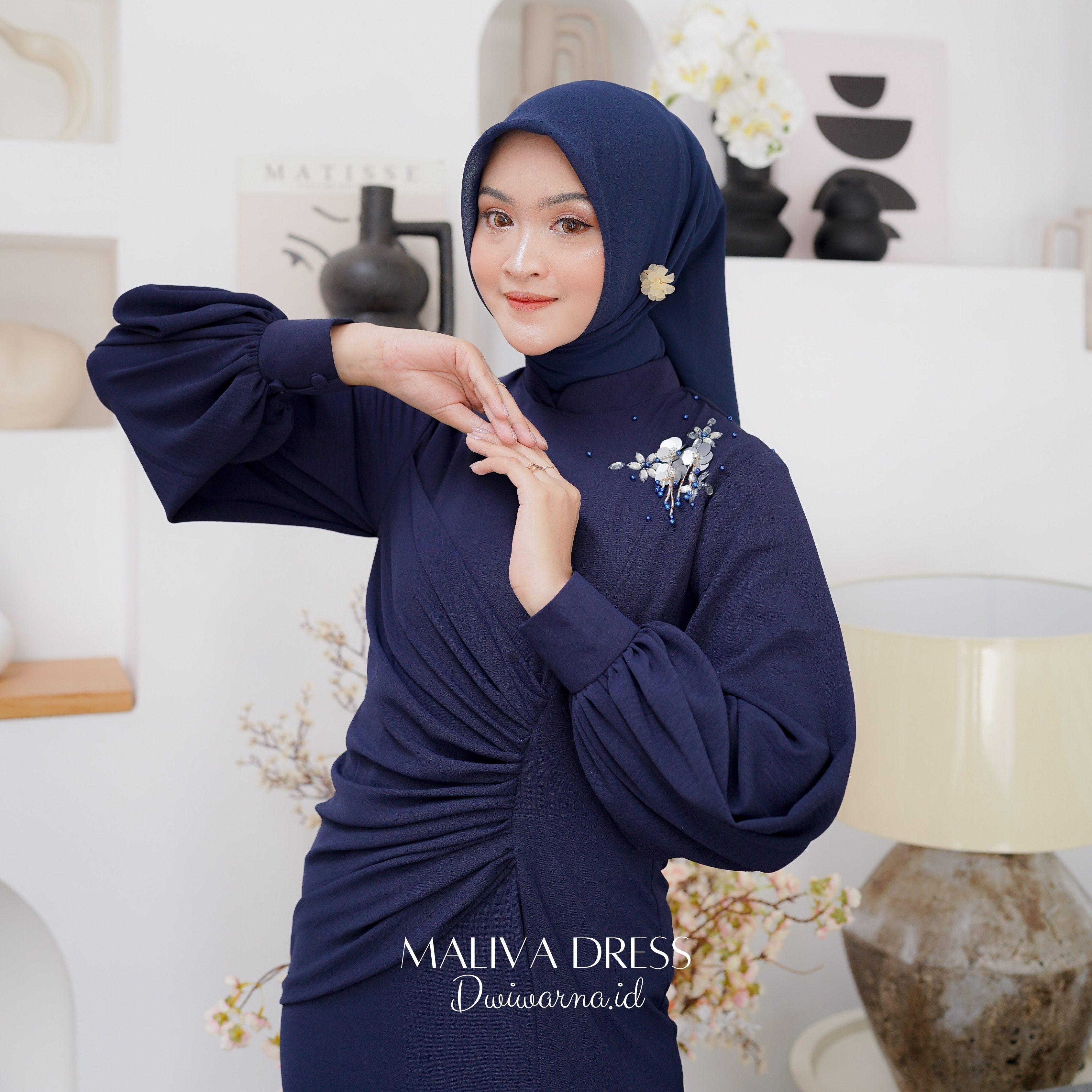 Maliva (Part 2) Dress Kondangan Terbaru Dwiwarna Crinkle Airflow Muslim Pesta Dewasa Mutiara Payet Gamis Wanita