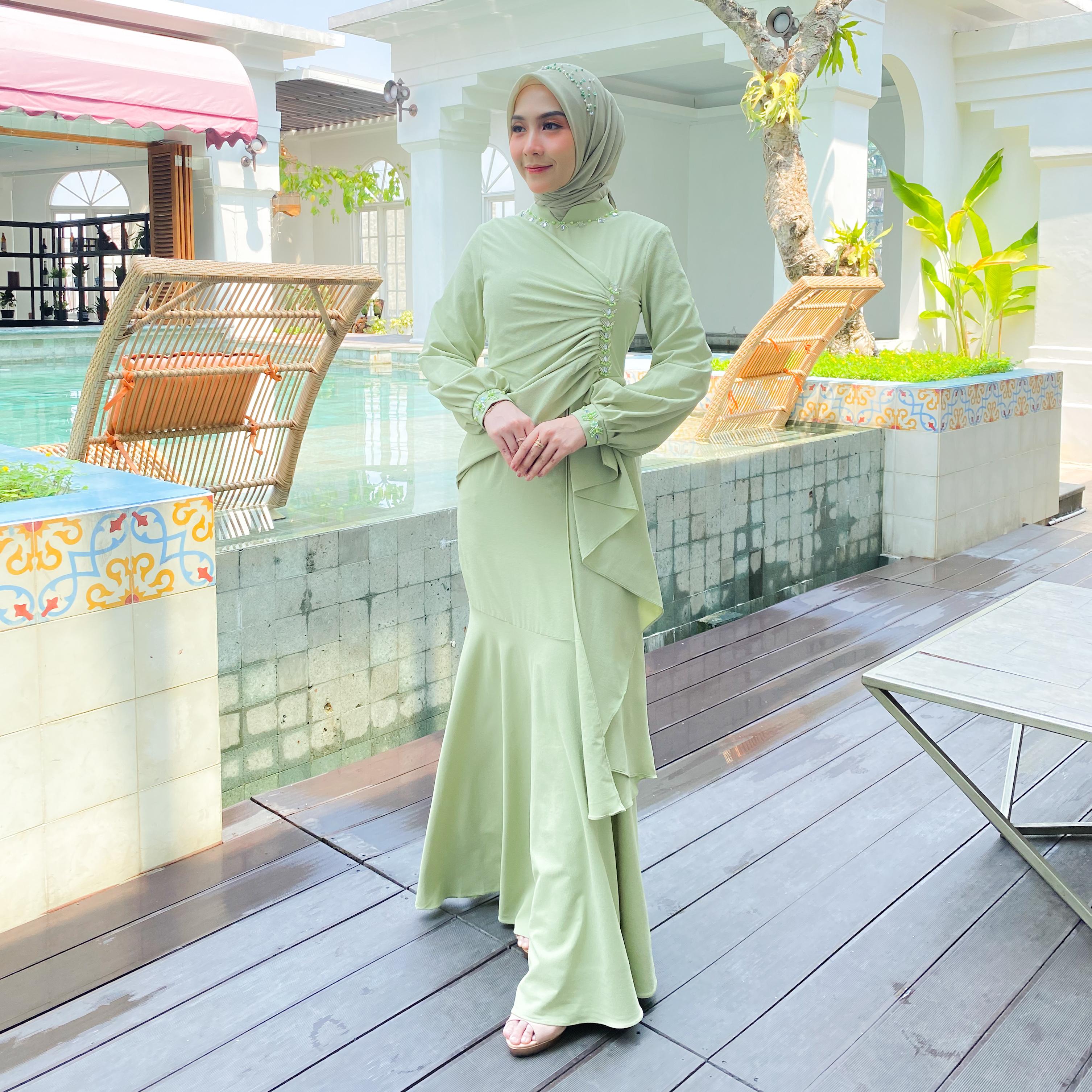 Diandra Dress Kondangan Terbaru Mermaid / Bahan Premium / Dress Payet Mutiara by Dwiwarna Cantik Muslim Ruffle Wanita