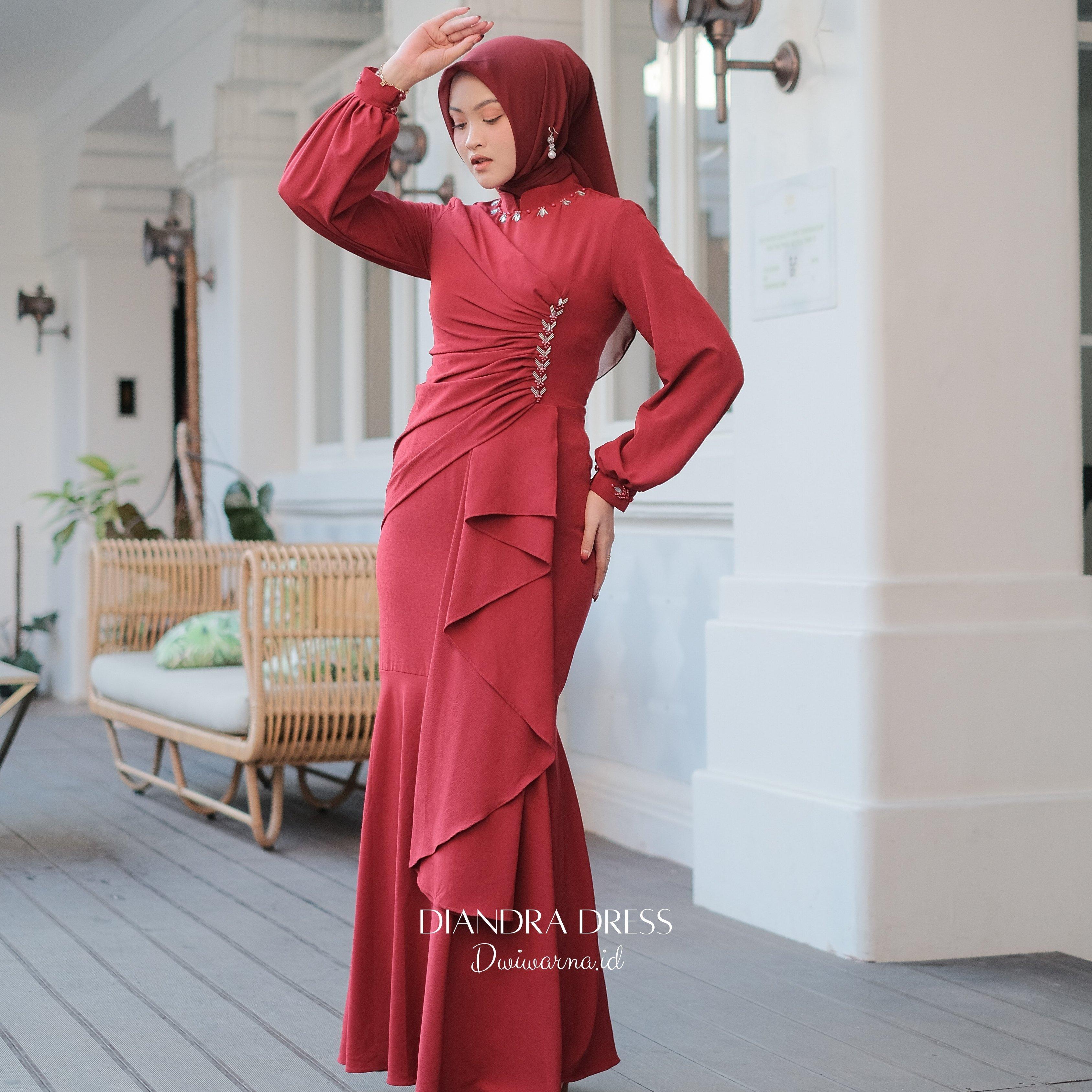 Diandra Dress Kondangan Terbaru Mermaid / Bahan Premium / Dress Payet Mutiara by Dwiwarna Cantik Muslim Ruffle Wanita