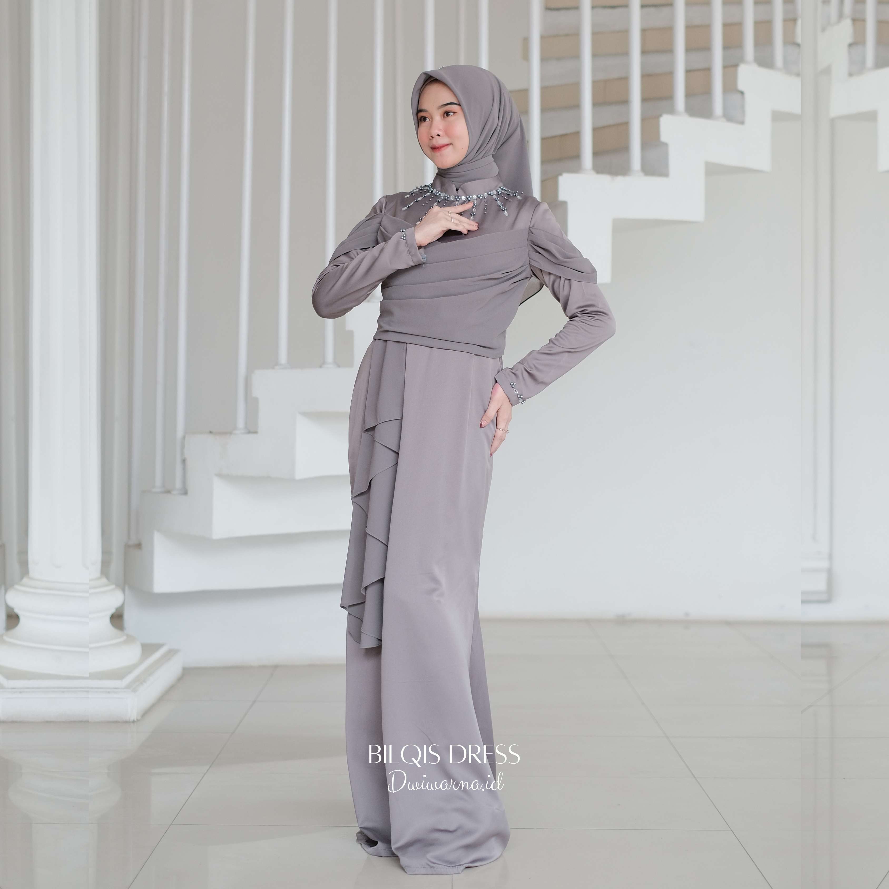 Bilqis Dress Kondangan by Dwiwarna | Mermaid | Simpel | Polos | Satin | Simpel Gaun Muslim