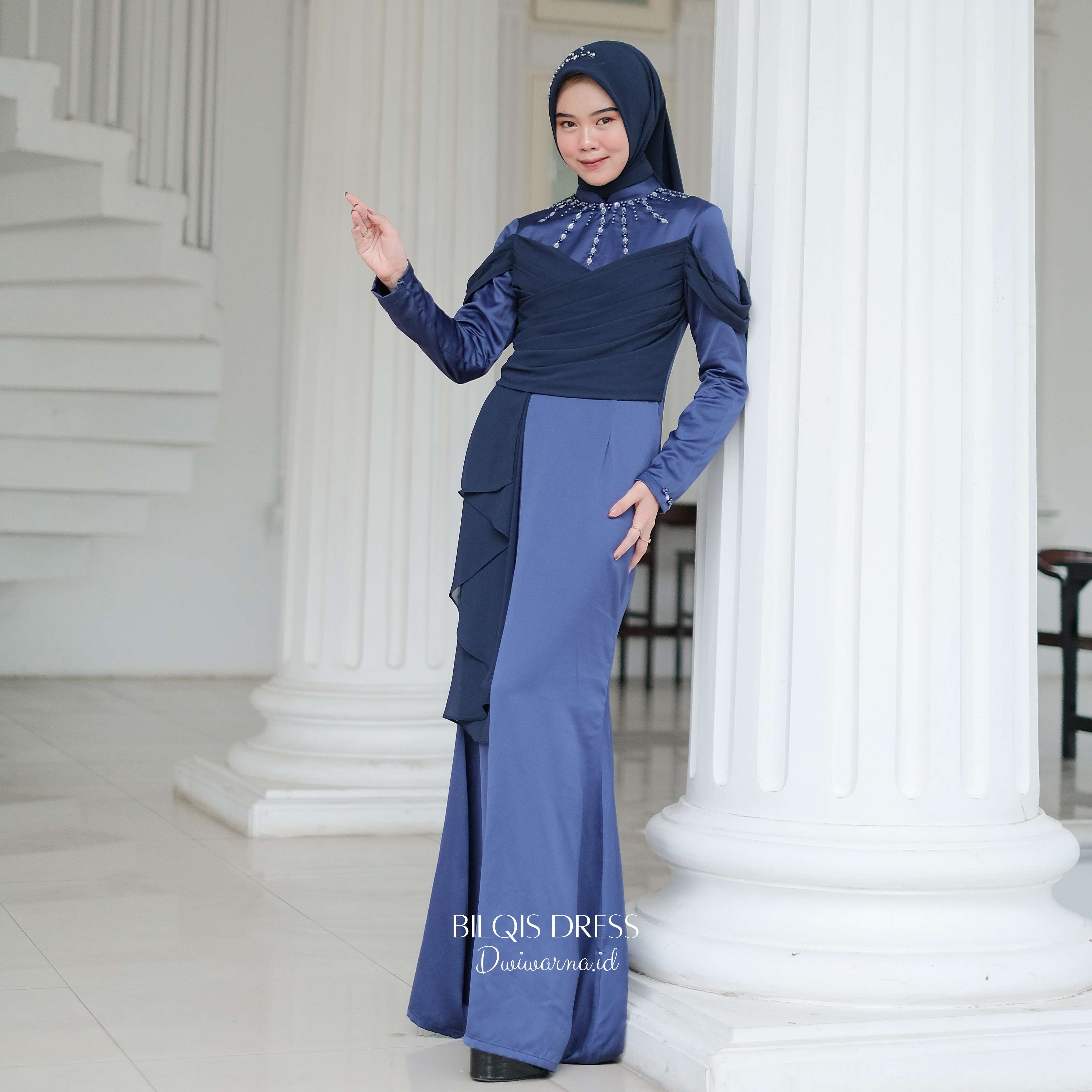 Bilqis Dress Kondangan by Dwiwarna | Mermaid | Simpel | Polos | Satin | Simpel Gaun Muslim
