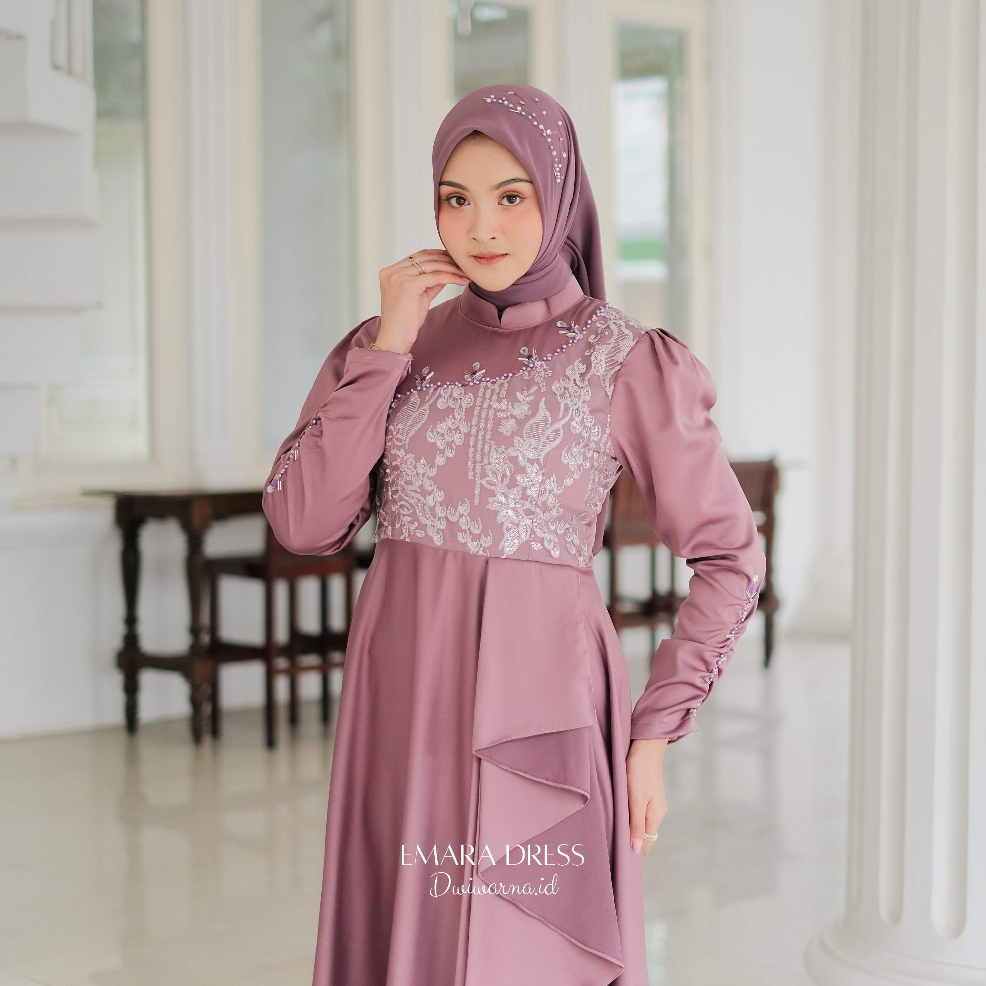Emara Dress Kondangan by Dwiwarna | Dress Brukat | Payet Mutiara Pesta Kombinasi Muslim