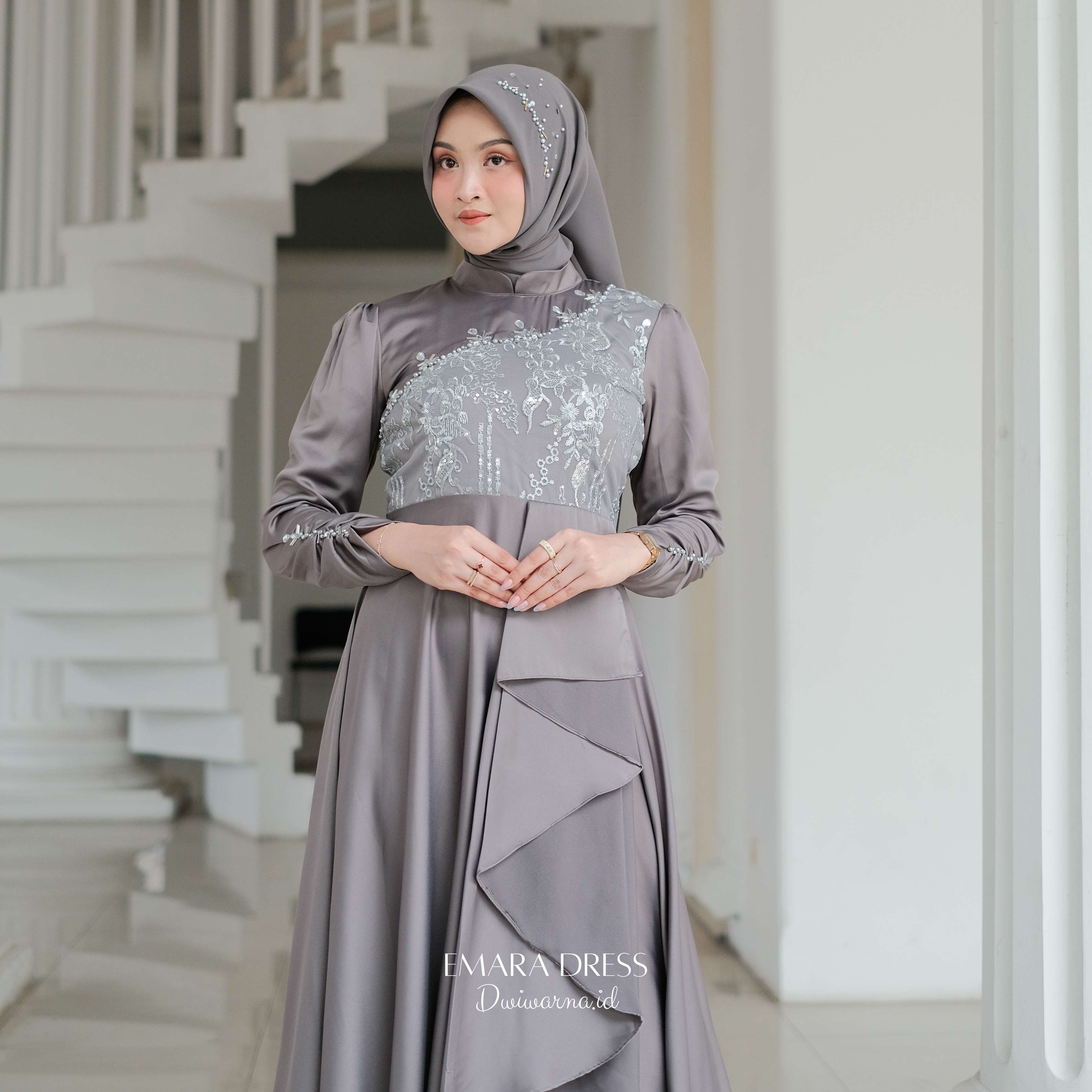 Emara Dress Kondangan by Dwiwarna | Dress Brukat | Payet Mutiara Pesta Kombinasi Muslim