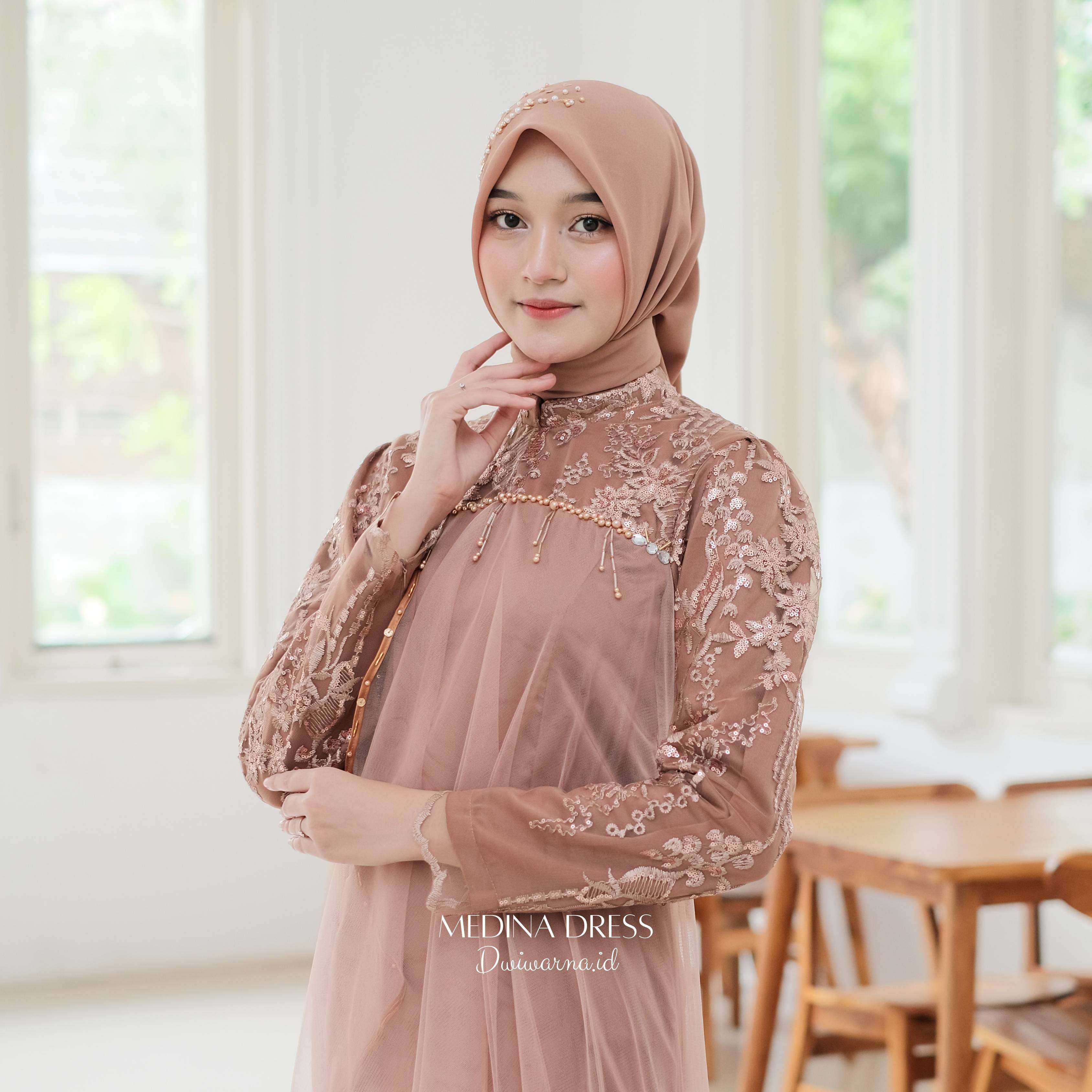 Medina Dress Kondangan by Dwiwarna Dress Satin Brukat Tile Mutiara