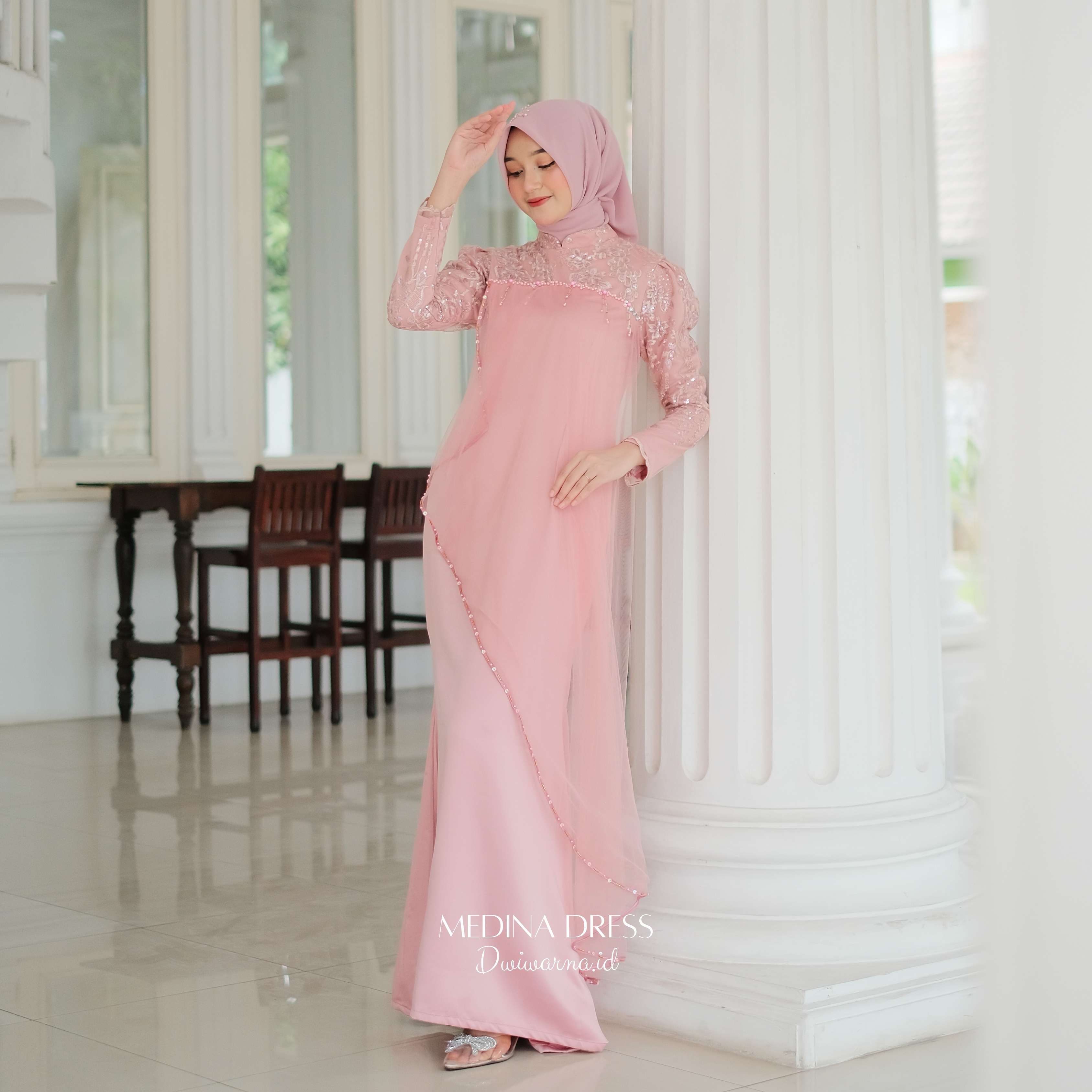 Medina Dress Kondangan by Dwiwarna Dress Satin Brukat Tile Mutiara