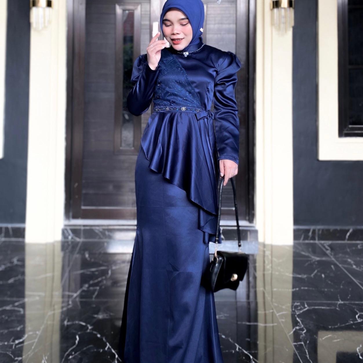 Lutffya Dress Kondangan Payet Leher Brukat Simpel by Dwiwarna Muslim Nyaman