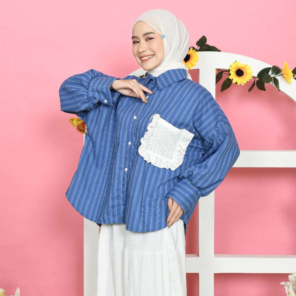 Mybamus Della Oversize Shirt – Kemeja Soft Jeans Wanita – Kemeja Oversize Stripe – Kemeja Katun