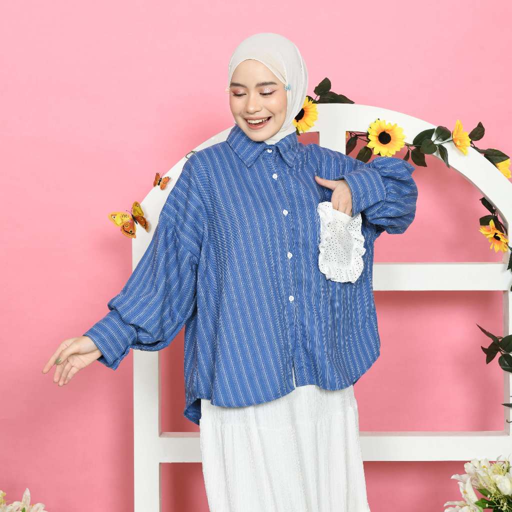 Mybamus Della Oversize Shirt – Kemeja Soft Jeans Wanita – Kemeja Oversize Stripe – Kemeja Katun