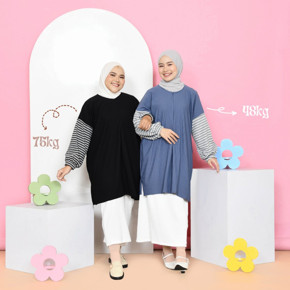 Mybamus Dasha Stripe Tunik Oversize – Atasan Knit Jumbo Wanita – Atasan Lengan Panjang Size Plus
