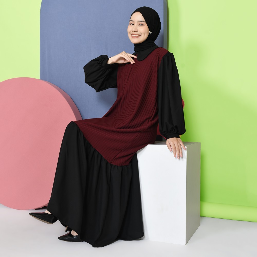 Jinny Collar Dress - Dress Lengan Balon - Gamis Sleting - Dress Lebaran Panjang Kekinian