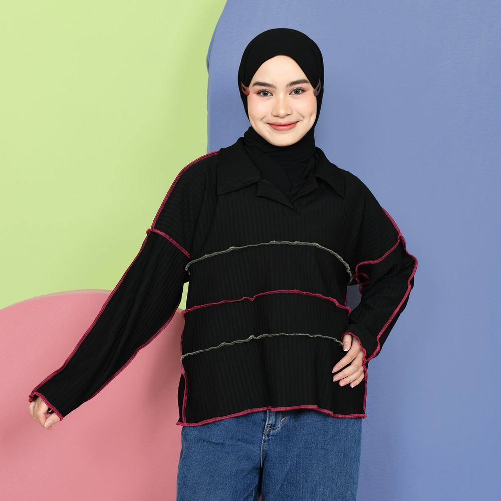 Mybamus Yuna Playfull Knit Tops – Atasan Muslim Wanita – Blus Knit Lengan Panjang