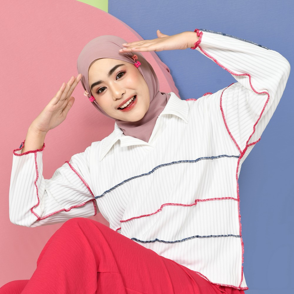 Mybamus Yuna Playfull Knit Tops – Atasan Muslim Wanita – Blus Knit Lengan Panjang