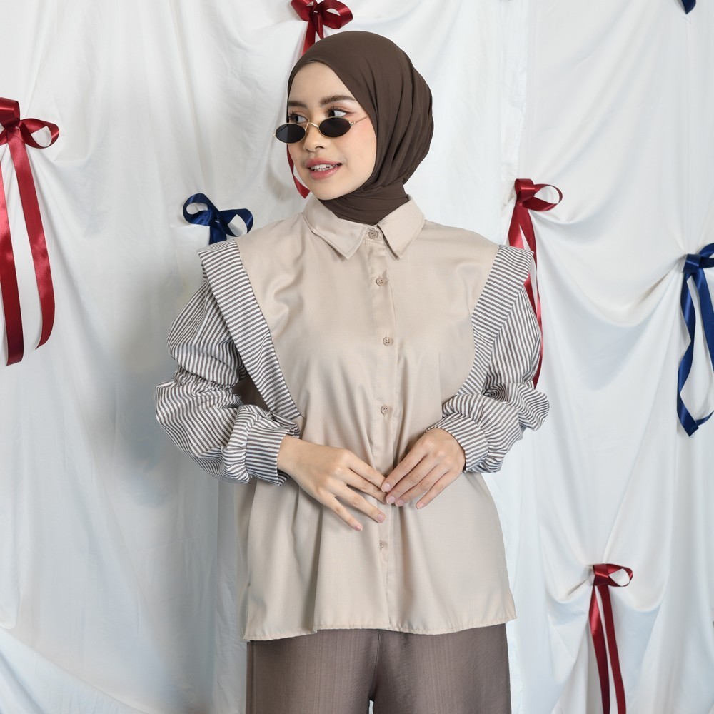 Mybamus X Itsazalya - Liya Mix Stripe Shirt – Kemeja Wanita Lengan Panjang – Kemeja Wanita Kekinian