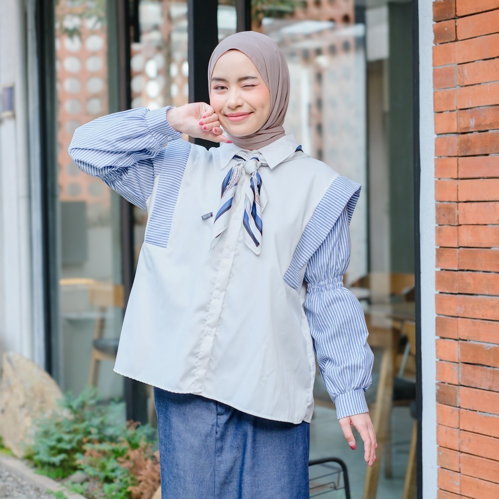 Mybamus X Itsazalya - Liya Mix Stripe Shirt – Kemeja Wanita Lengan Panjang – Kemeja Wanita Kekinian