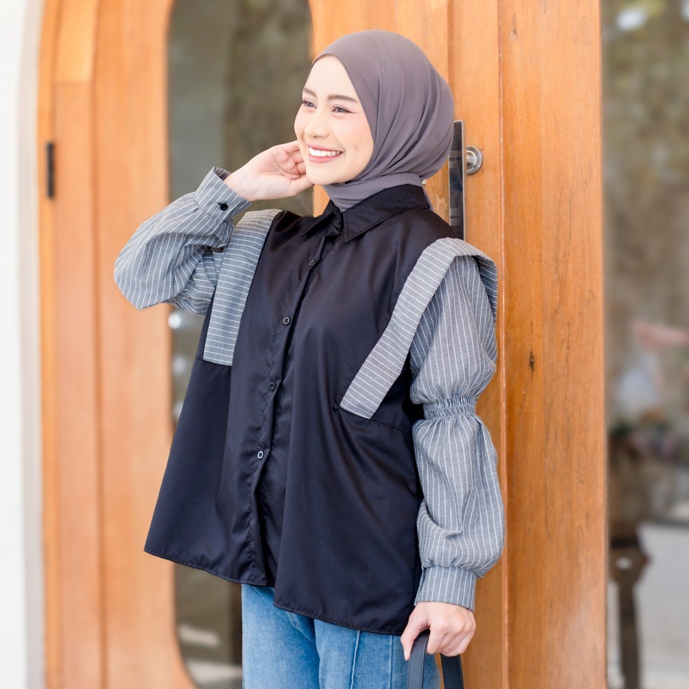 Mybamus X Itsazalya - Liya Mix Stripe Shirt – Kemeja Wanita Lengan Panjang – Kemeja Wanita Kekinian