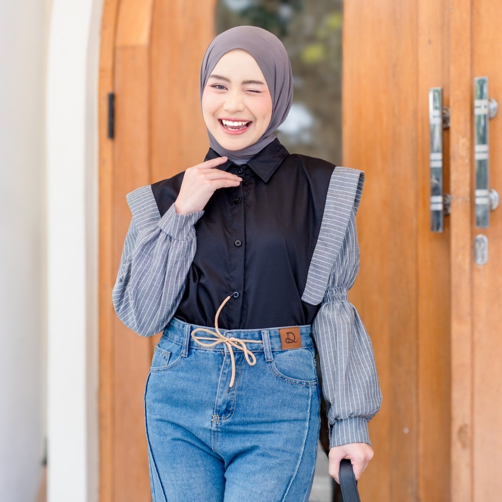 Mybamus X Itsazalya - Liya Mix Stripe Shirt – Kemeja Wanita Lengan Panjang – Kemeja Wanita Kekinian