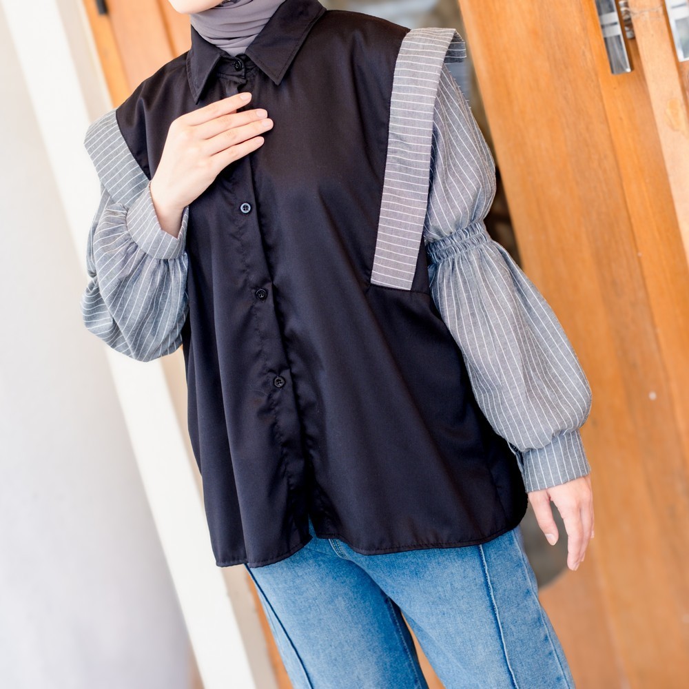 Mybamus X Itsazalya - Liya Mix Stripe Shirt – Kemeja Wanita Lengan Panjang – Kemeja Wanita Kekinian