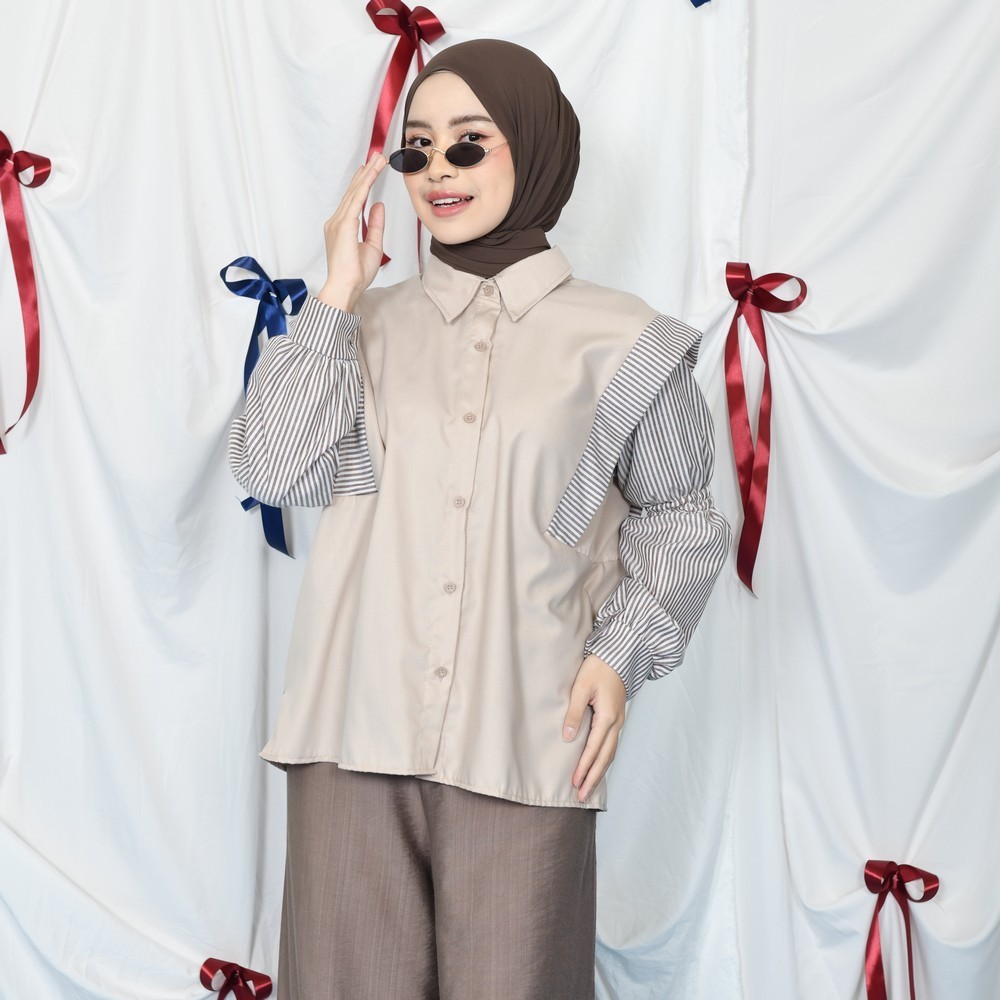 Mybamus X Itsazalya - Liya Mix Stripe Shirt – Kemeja Wanita Lengan Panjang – Kemeja Wanita Kekinian