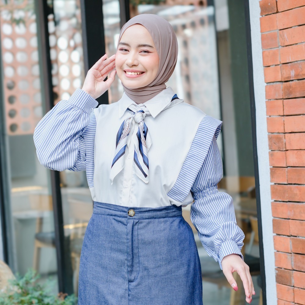 Mybamus X Itsazalya - Liya Mix Stripe Shirt – Kemeja Wanita Lengan Panjang – Kemeja Wanita Kekinian