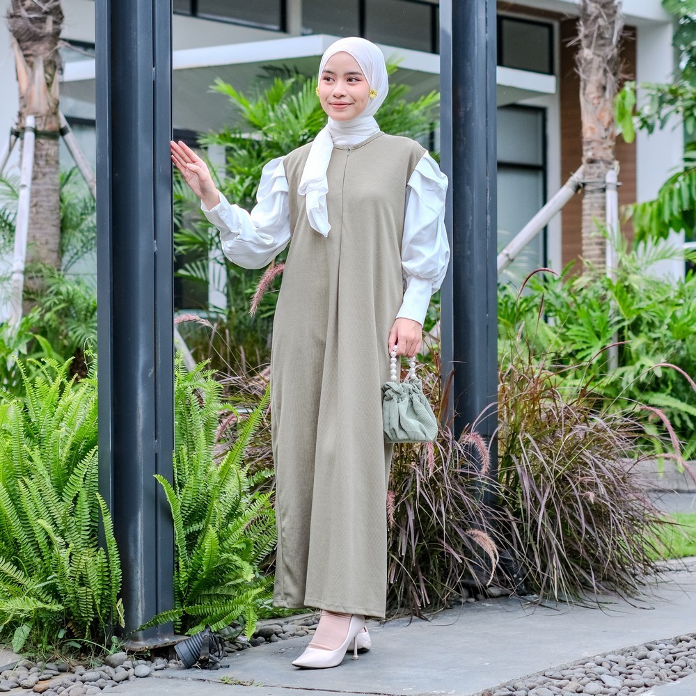 Mybamus Jasmine Puff Dress - Dress Lengan Balon - Gamis Sleting - Dress Panjang Kekinian