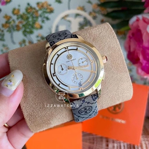 Image of Jam Tangan Wanita Tory Burch Ivory Leather Monogram Strap