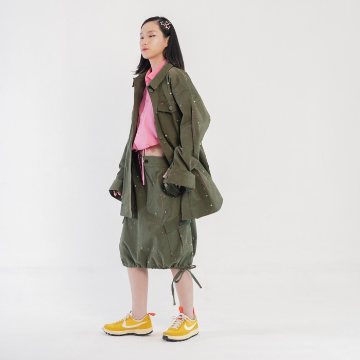 Splatter Shirt Jacket in Olive/Pink