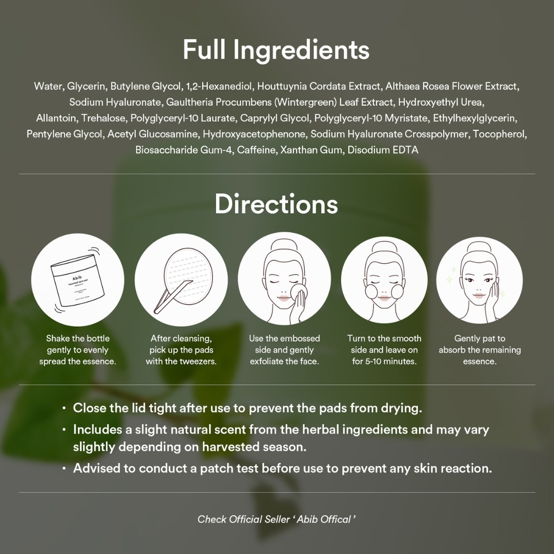 ABIB Heartleaf Spot Pad Calming Touch โทนเนอร์แพด ดูแลผิวเป็นสิว ผิวแพ้ง่าย สกินแคร์เกาหลี (แถมซาเช่)