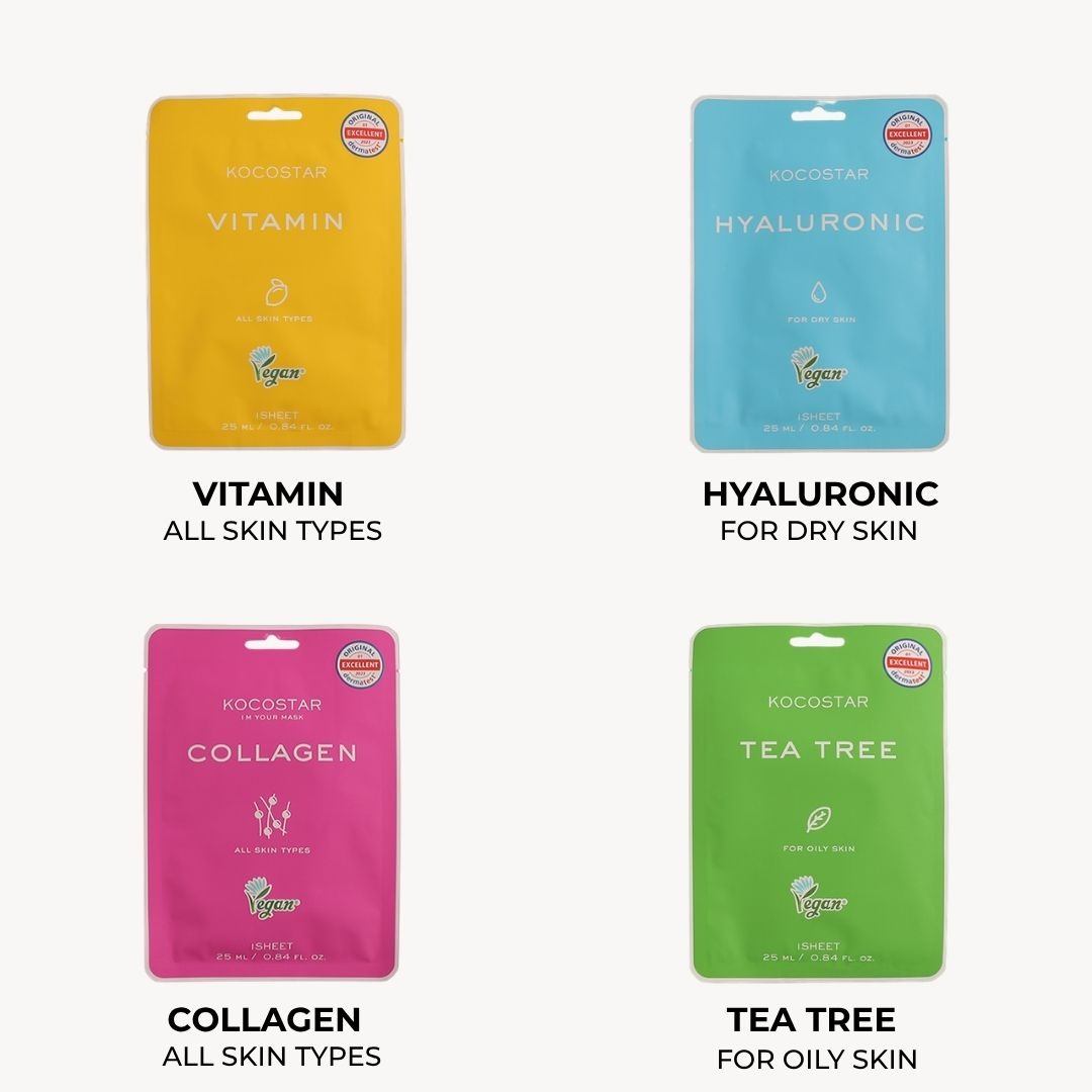 KOCOSTAR Vegan Sheet Mask หน้ากากผ้าวีแกน เซรั่มเข้มข้น 25ml 4สูตร Vitamin Hyaluronic Collagen Tea Tree