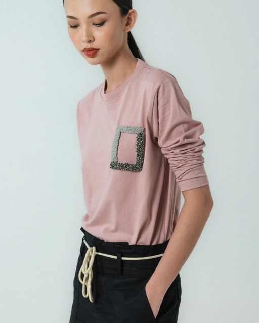 Image of Frame Grid Pink Tee in Long Sleeve