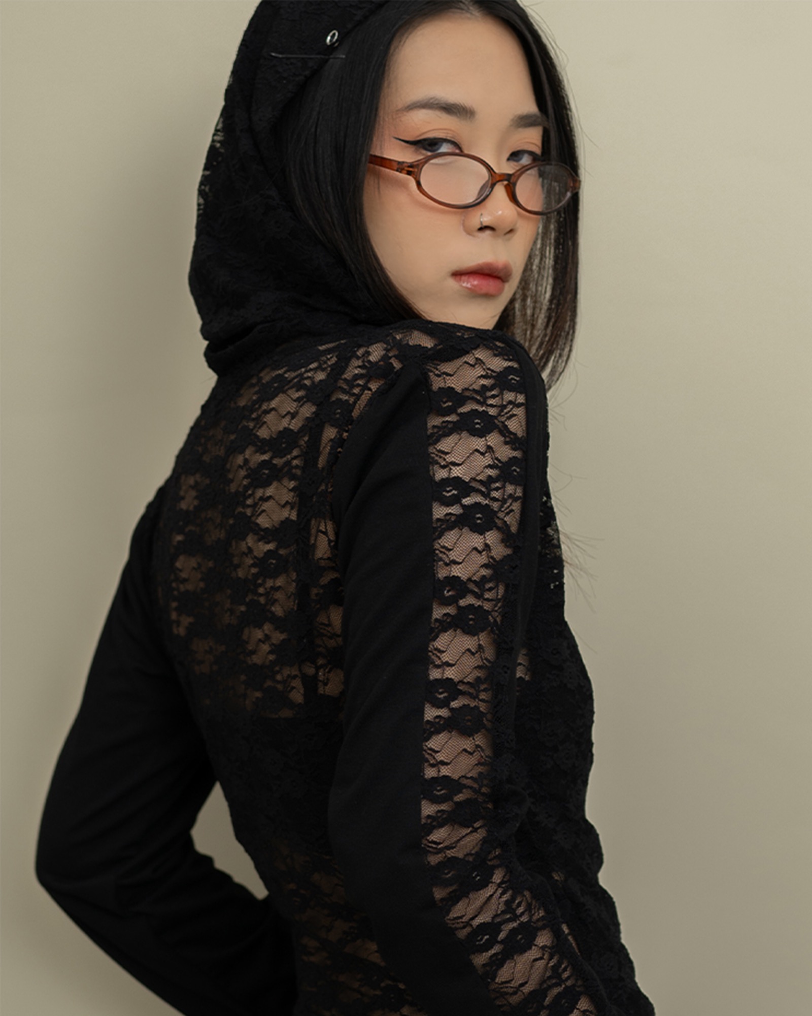 Black Lace Hoodie Top