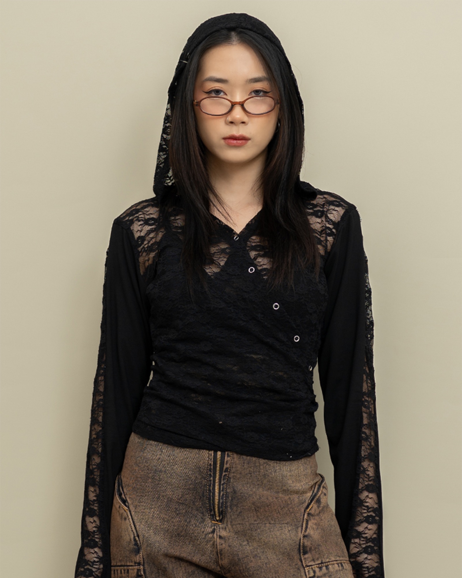 Black Lace Hoodie Top