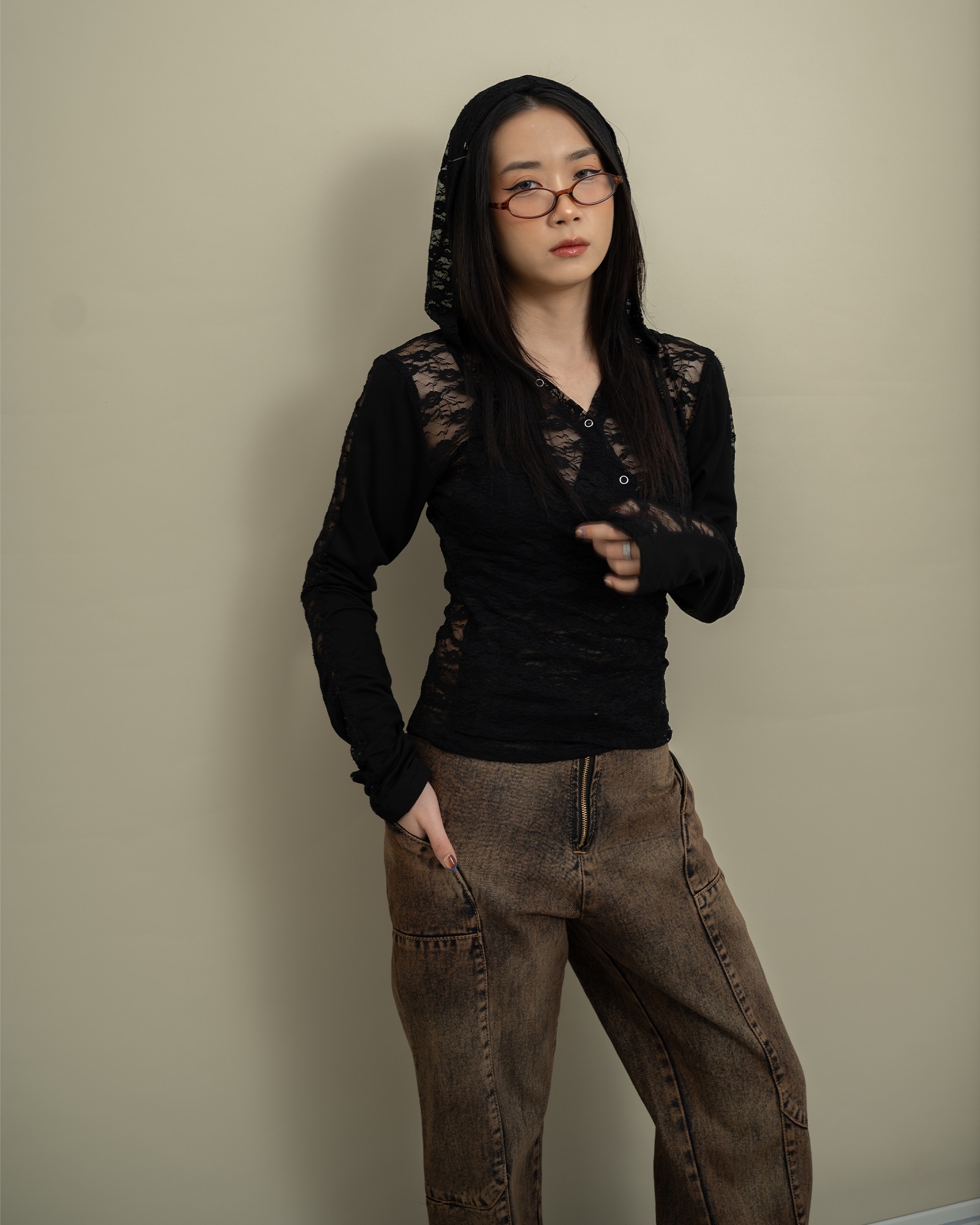 Black Lace Hoodie Top