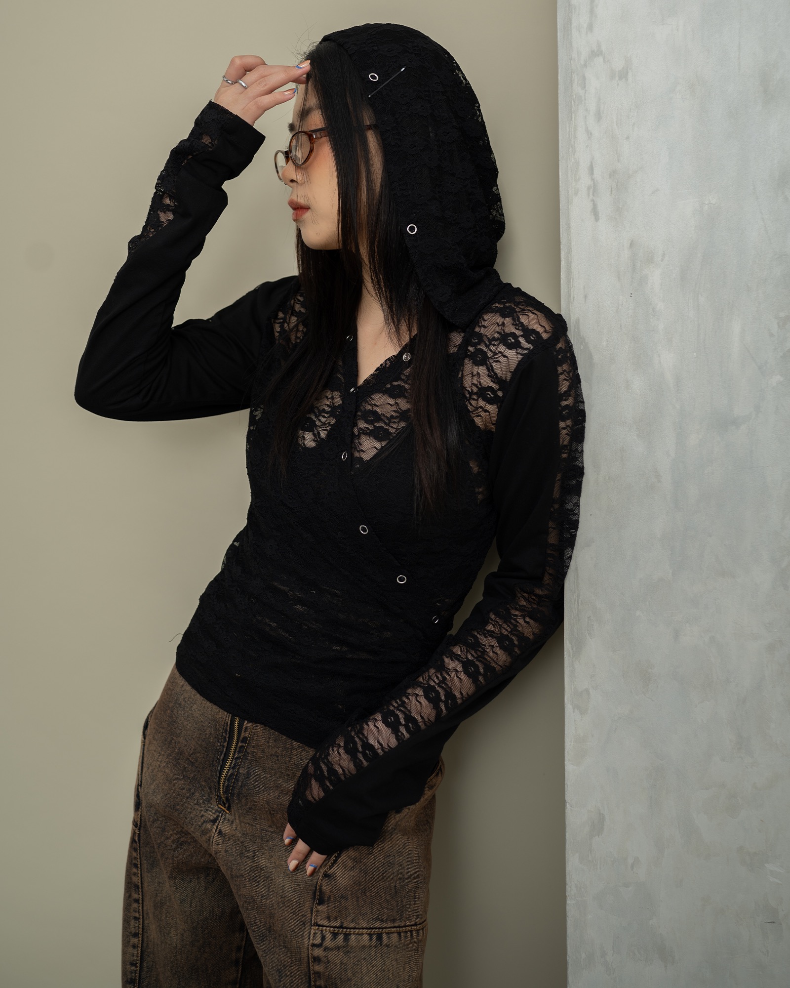 Black Lace Hoodie Top