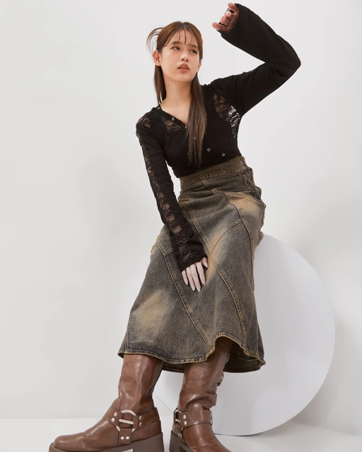 Image of CATHA- Vintage Brown Wash Line Up Denim Skirt