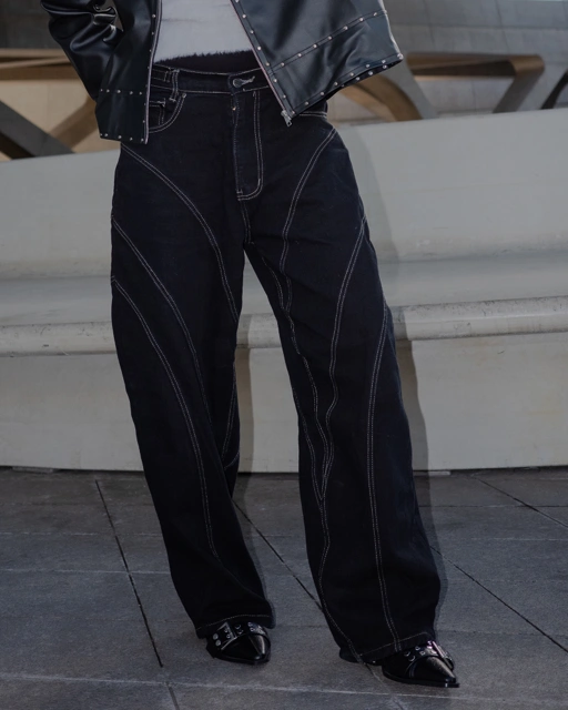 Image of  CATHA - Line Up Contrast Stitch Black Baggy Jeans