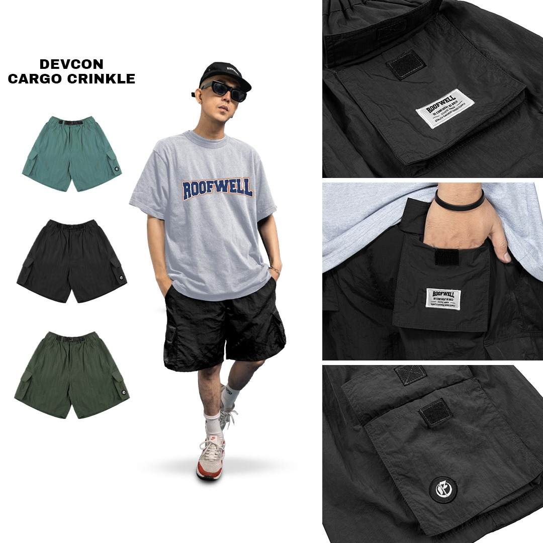 Roofwell - Devcon Black | Crinkle Shortpants | Celana Crinkle Pendek | Celana Cargo Pendek | Boardshort | Celana Santai Unisex |