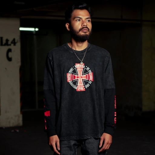Image of Roofwell - Crimson Black Washed | Double Layer | Tshirt  Longsleeve 20s | Oversize Unisex |
