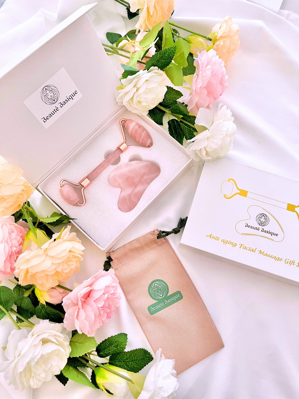 Guasha and Roller Set Rose Quartz