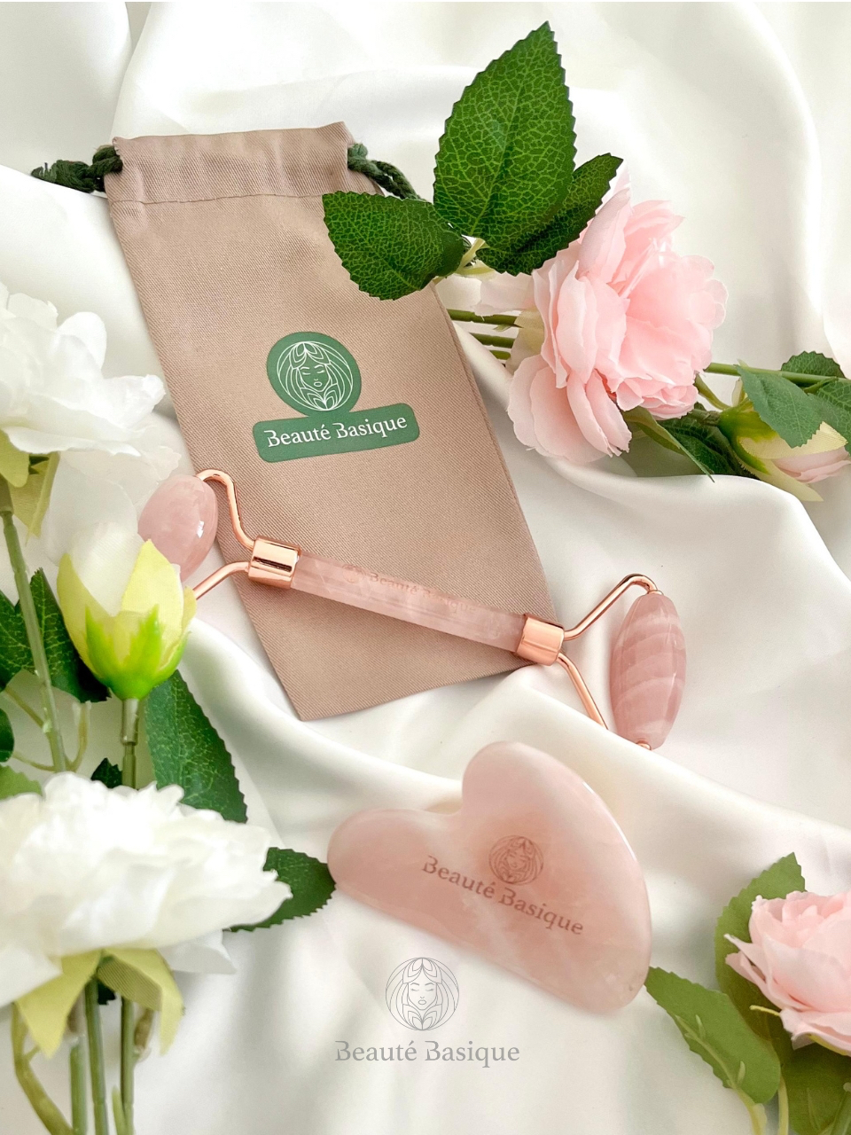 Guasha and Roller Set Rose Quartz