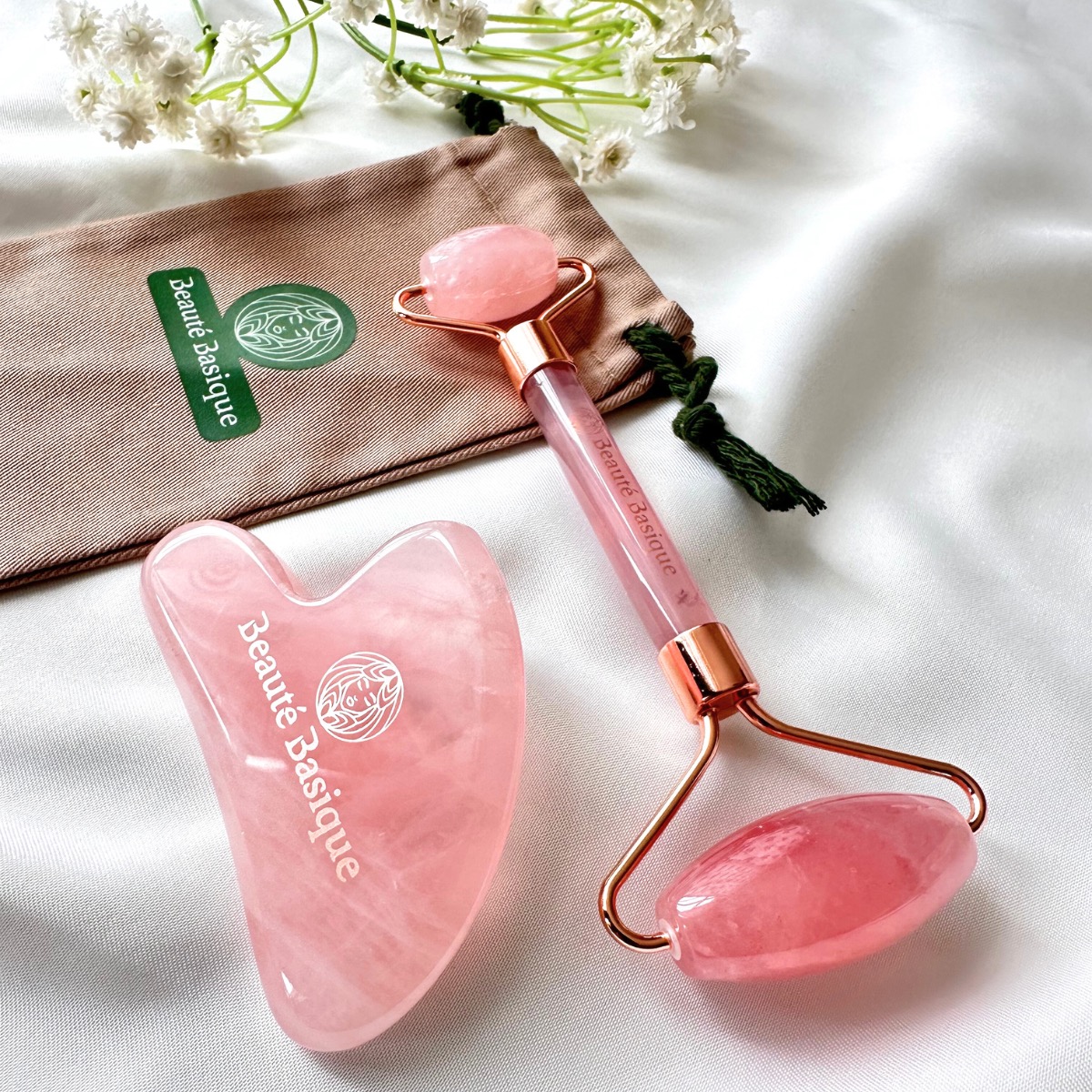 Guasha and Roller Set Rose Quartz