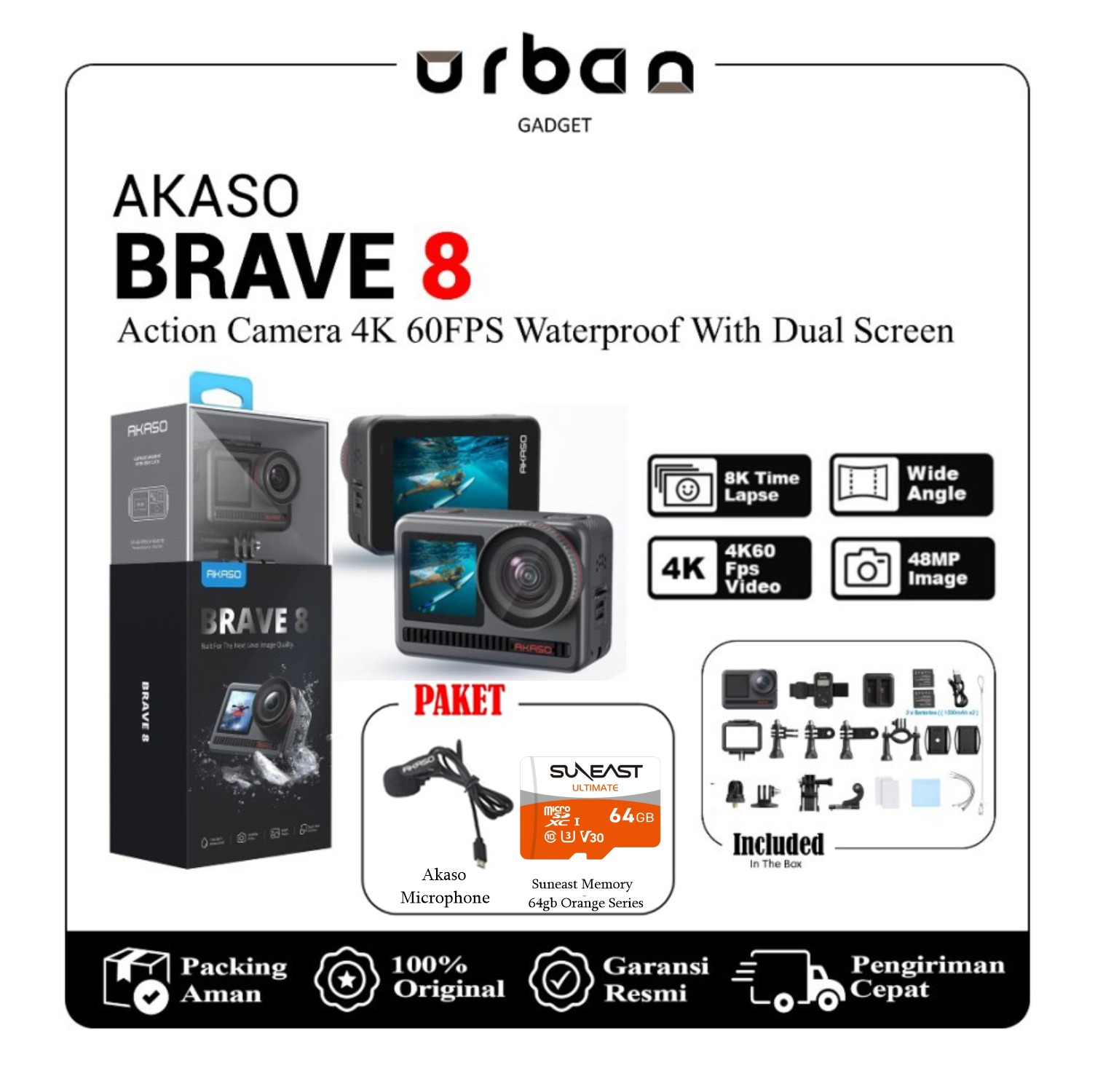 Akaso Brave 8 4K 60FPS Waterproof Action Camera Dual Screen - Resmi