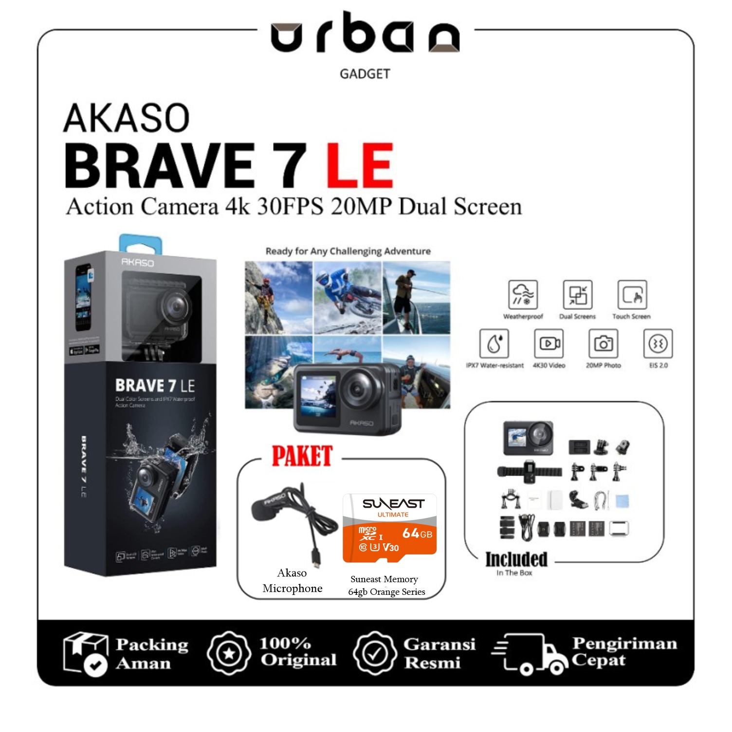 Akaso Brave 7 LE Action Camera 4k 30FPS 20MP Dual Screen - Resmi
