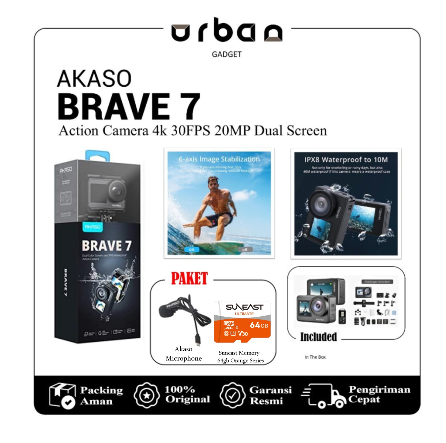 Akaso Brave 7 Action Camera 4k 30FPS 20MP Dual Screen - Resmi