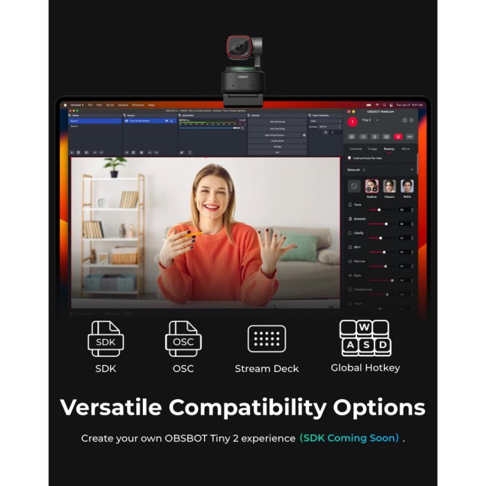 OBSBOT Tiny 2 Webcam 4K Voice Control PTZ AI Tracking Multi-Mode Resmi