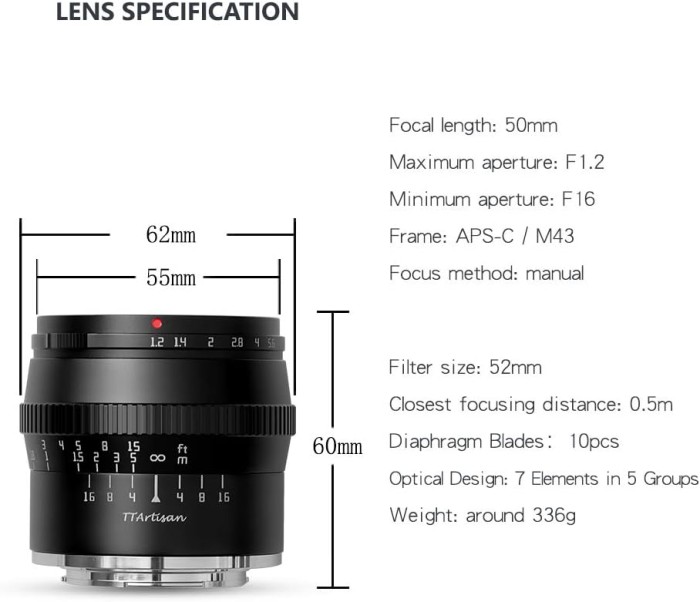 TTArtisan 50mm F1.2 Lens for Fuji FX Canon M Sony E MFT - Black | Silver - Resmi