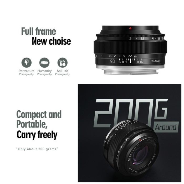 TTArtisan 50mm F2 Full Frame Large Aperture Manual Portrait Lens for Fujifilm XF Canon M Sony E Leica L Nikon Z Canon RF M43 Mount - Resmi