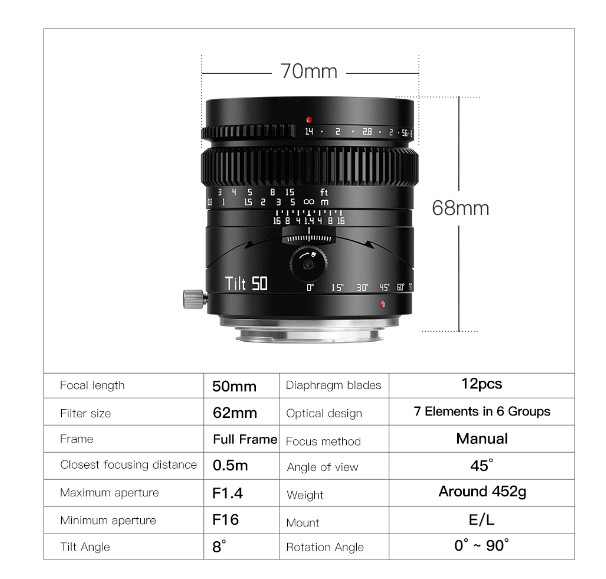 TTArtisan Tilt 50mm F1.4 Lens Full Frame Manual Fixed Focus Lens for Sony E | Fuji X | Leica L | Nikon Z | Canon RF | Mount Cameras - Resmi