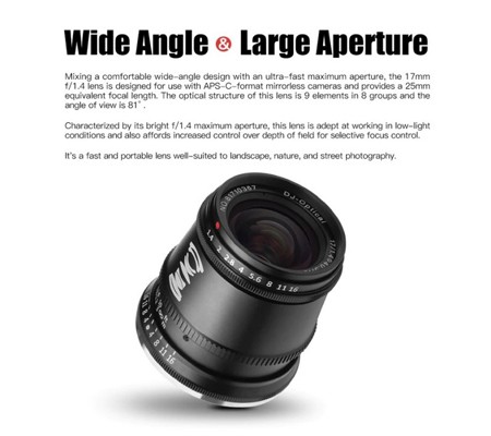 TTArtisan 17mm F1.4 APS-C Cameras Lens Manual Focus MF for Canon M EF-M EOS-M Sony E Fujifilm X Fuji X M43 M4/3 Mount