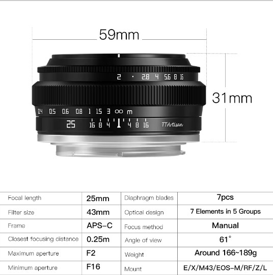 TTArtisan 25mm F2.0 APS-C Manual Focus Lens For Canon EOS-M/ Sony E/ Fuji X/ M43/ Nikon Z/ Canon RF/ L Mount Mirrorless Cameras - Resmi