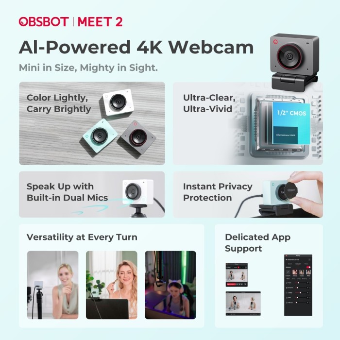 OBSBOT Meet 2 AI-Powered 4K Webcam Live Streaming Original Resmi | Dual omni-directional microphones with Noise Reduction and Auto Gain Control Fast Auto Focus